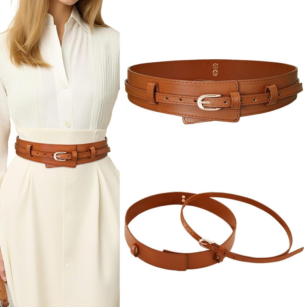 2572 2 In 1 Womens Fashion Belts Thin For Dresses Pants Skirts Wide Leather